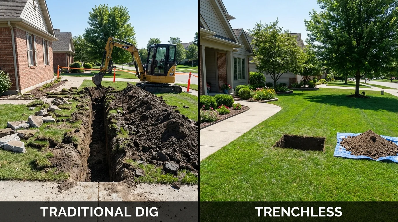 Trenchless sewer repair with minimal yard damage versus traditional excavation in Akron, OH