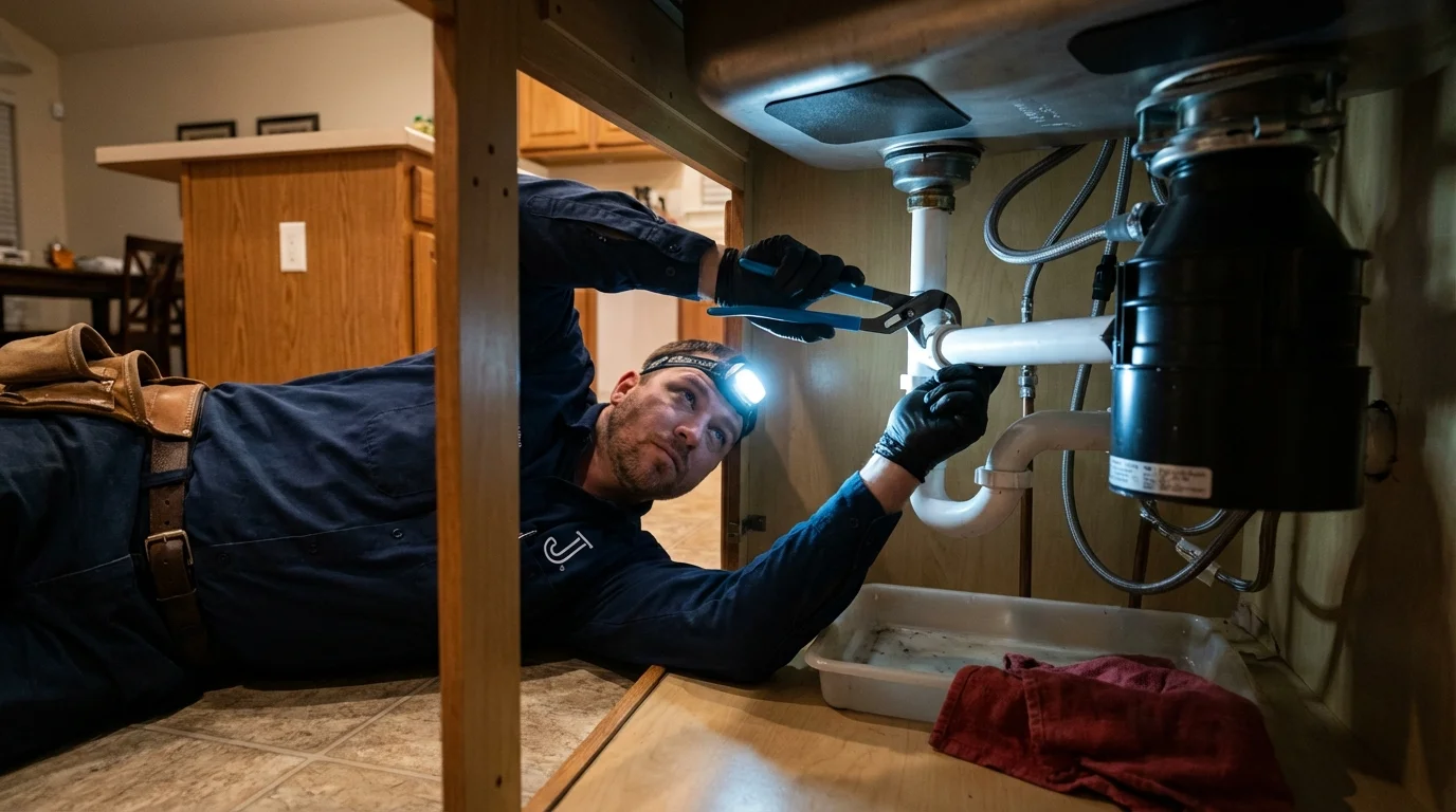 P-trap and supply line connections under a kitchen sink showing a common leak point in Akron, OH